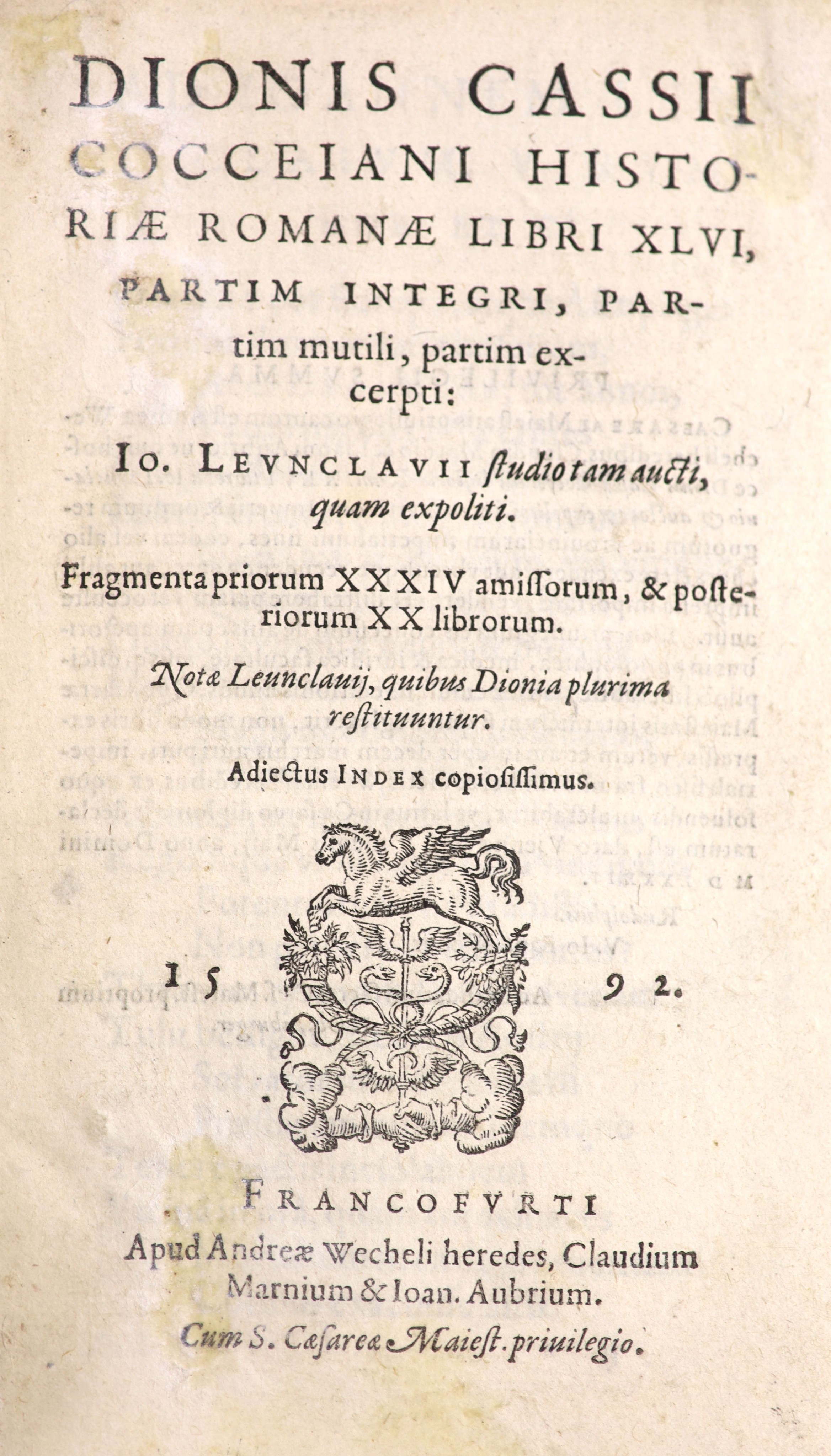 Cassius Dio Cocceiani - Dionis Cassii Cocceiani Historiae Romanae Libri XLVI, Partim Integri, Partim Multili, Partim Excerpti, 8vo,